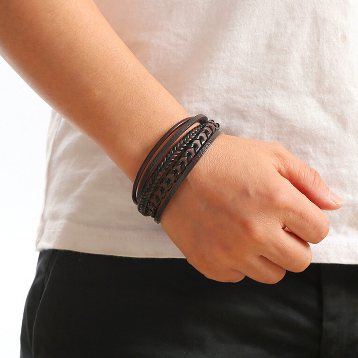 Bold men's faux leather Viking bracelet, celebrating Norse style with its intricate braided design.