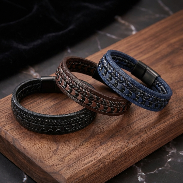 Stylish men's faux leather braided bracelet in Viking style, a durable accessory for men's fashion.