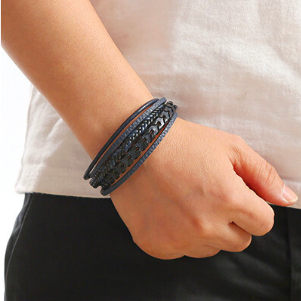 Statement men's faux leather Viking bracelet, a bold braided accessory for modern men's fashion.
