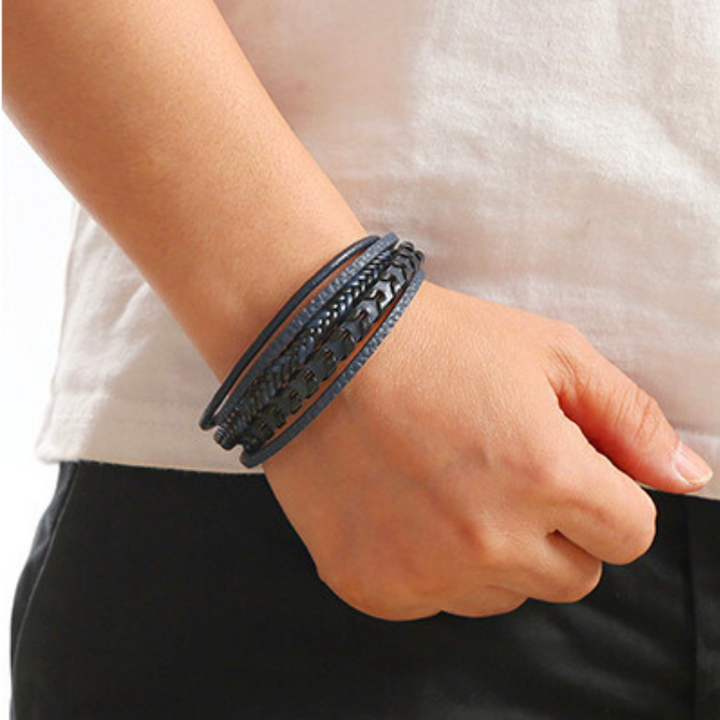 Statement men's faux leather Viking bracelet, a bold braided accessory for modern men's fashion.