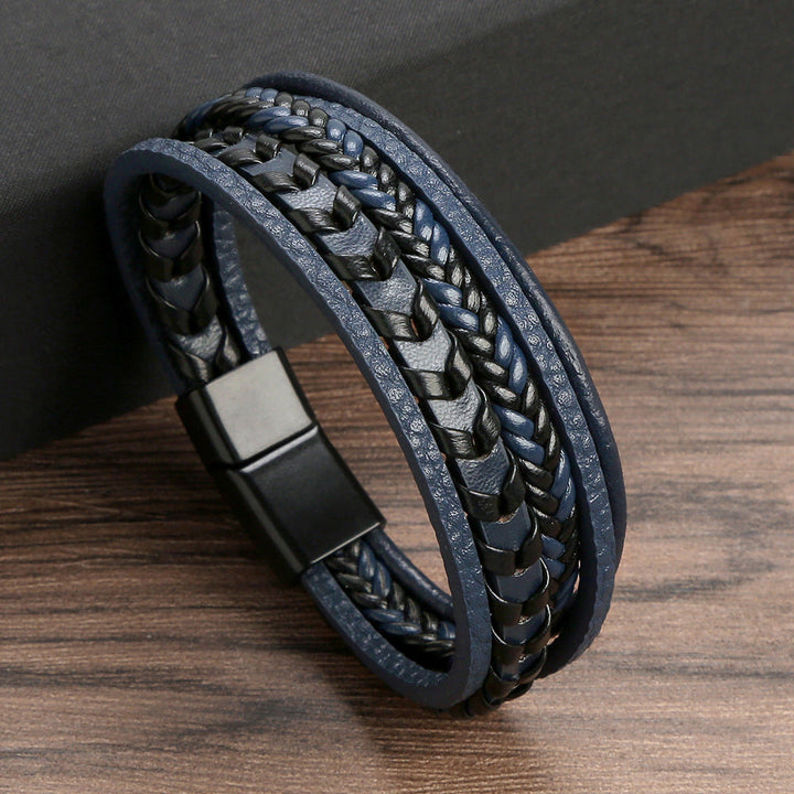 Men's braided leather Viking bracelet with magnetic clasp. Durable, casual fashion accessory.