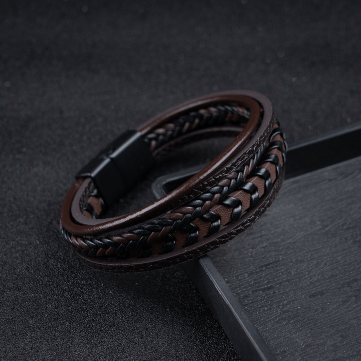 Modern men's braided leather Viking bracelet with a convenient magnetic clasp. Casual & chic.
