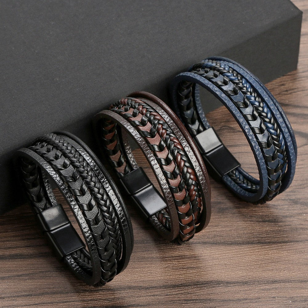 Handcrafted look men's braided leather bracelet. Viking style statement piece with magnetic closure.