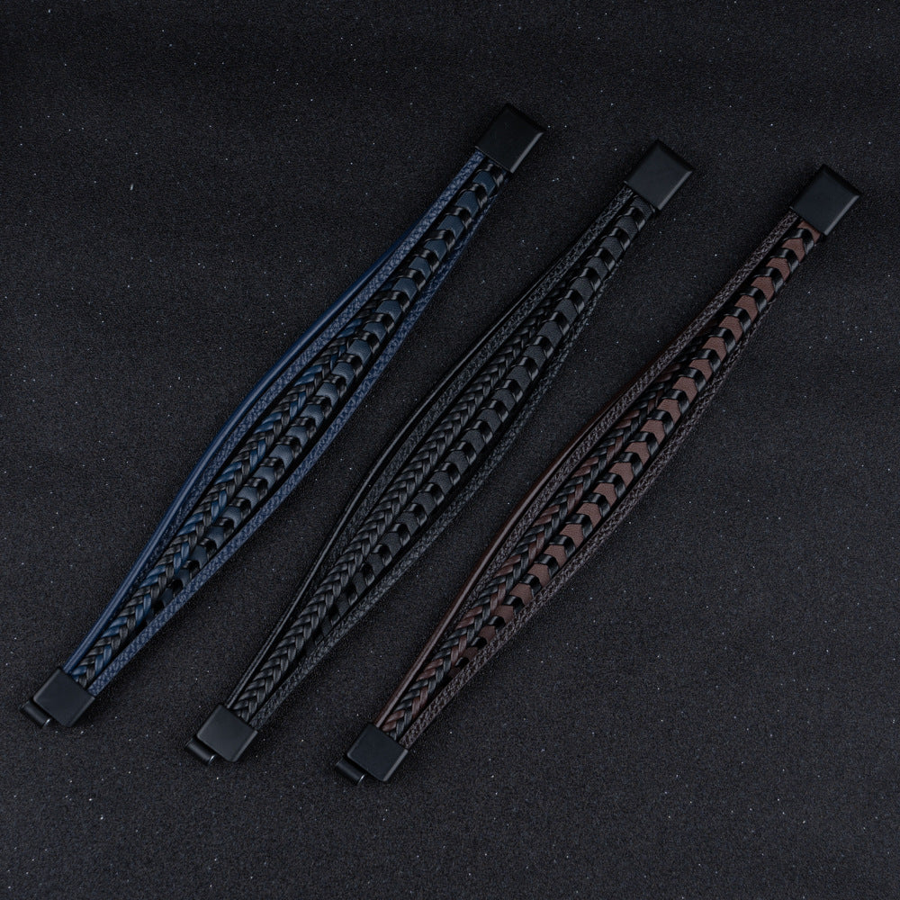 Everyday men's braided leather bracelet. Unique Viking-inspired design and secure magnetic clasp.