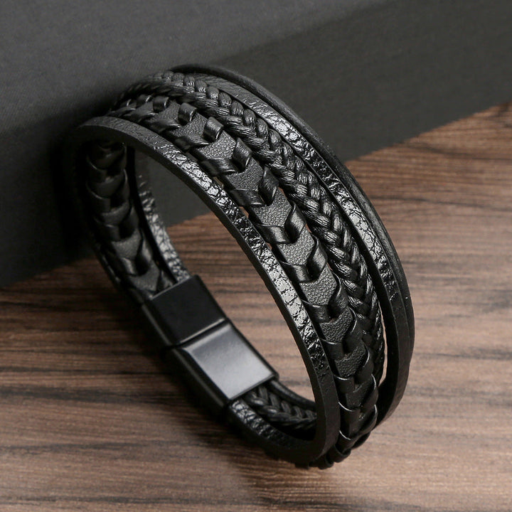 Versatile men's braided leather bracelet for everyday wear. Viking-inspired with magnetic closure.