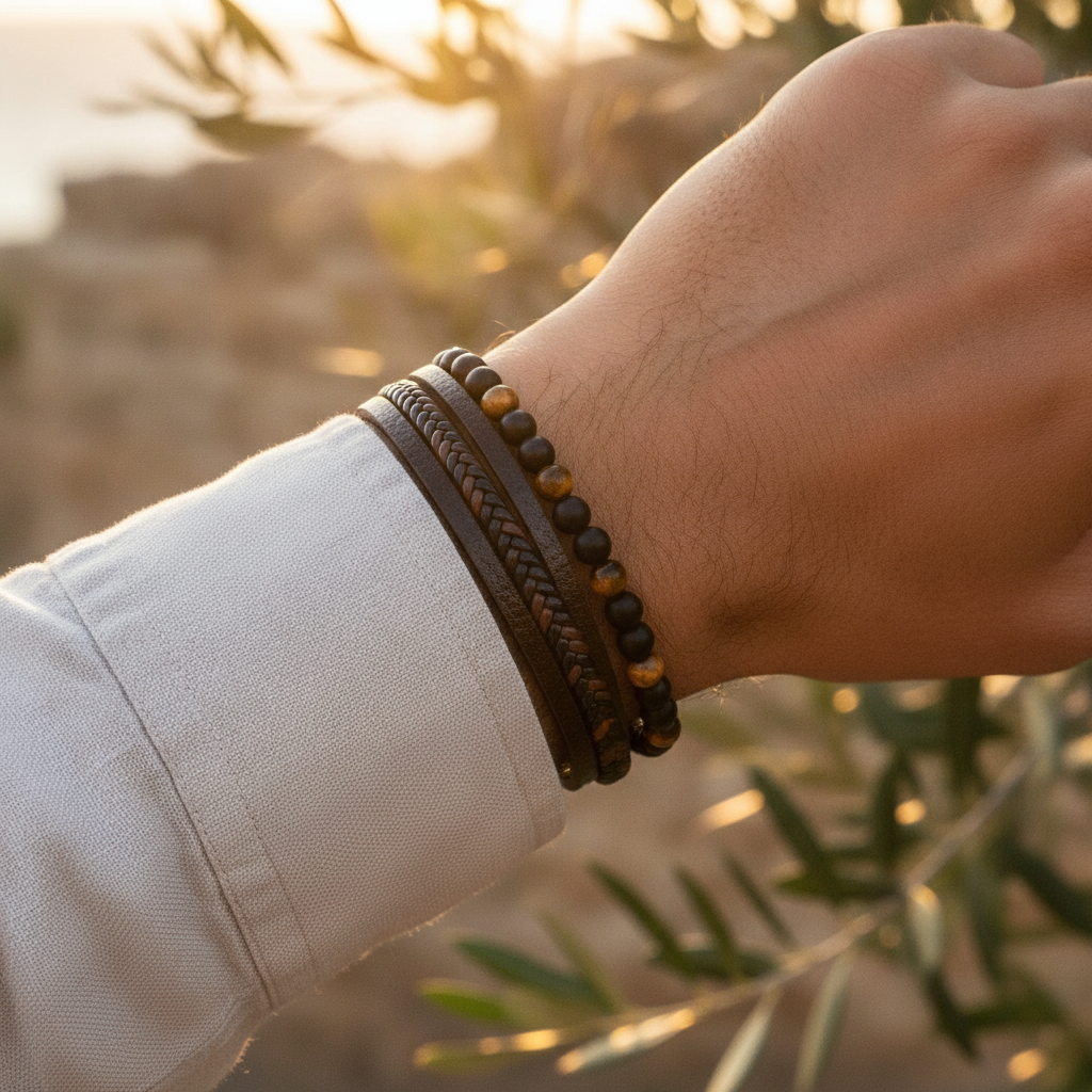 Men's braided stone bracelet with a magnetic clasp. Stylish accessory for everyday wear & contemporary menswear.