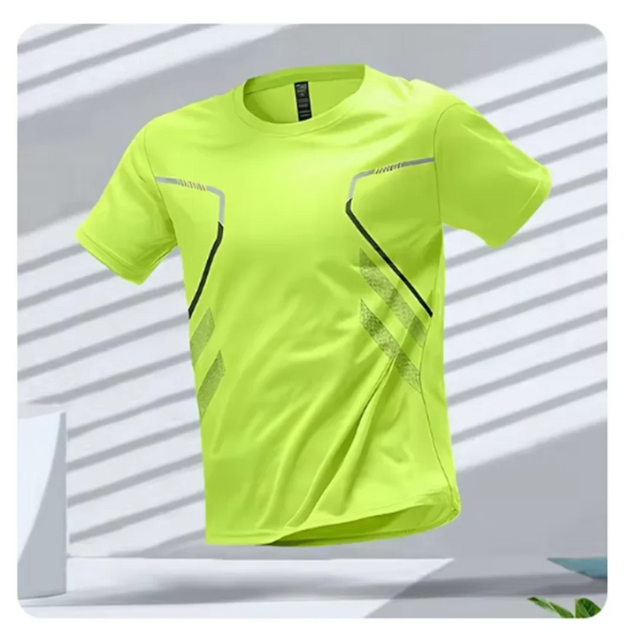 Man running in a black men's breathable athletic t-shirt, perfect workout gear for sports and training.