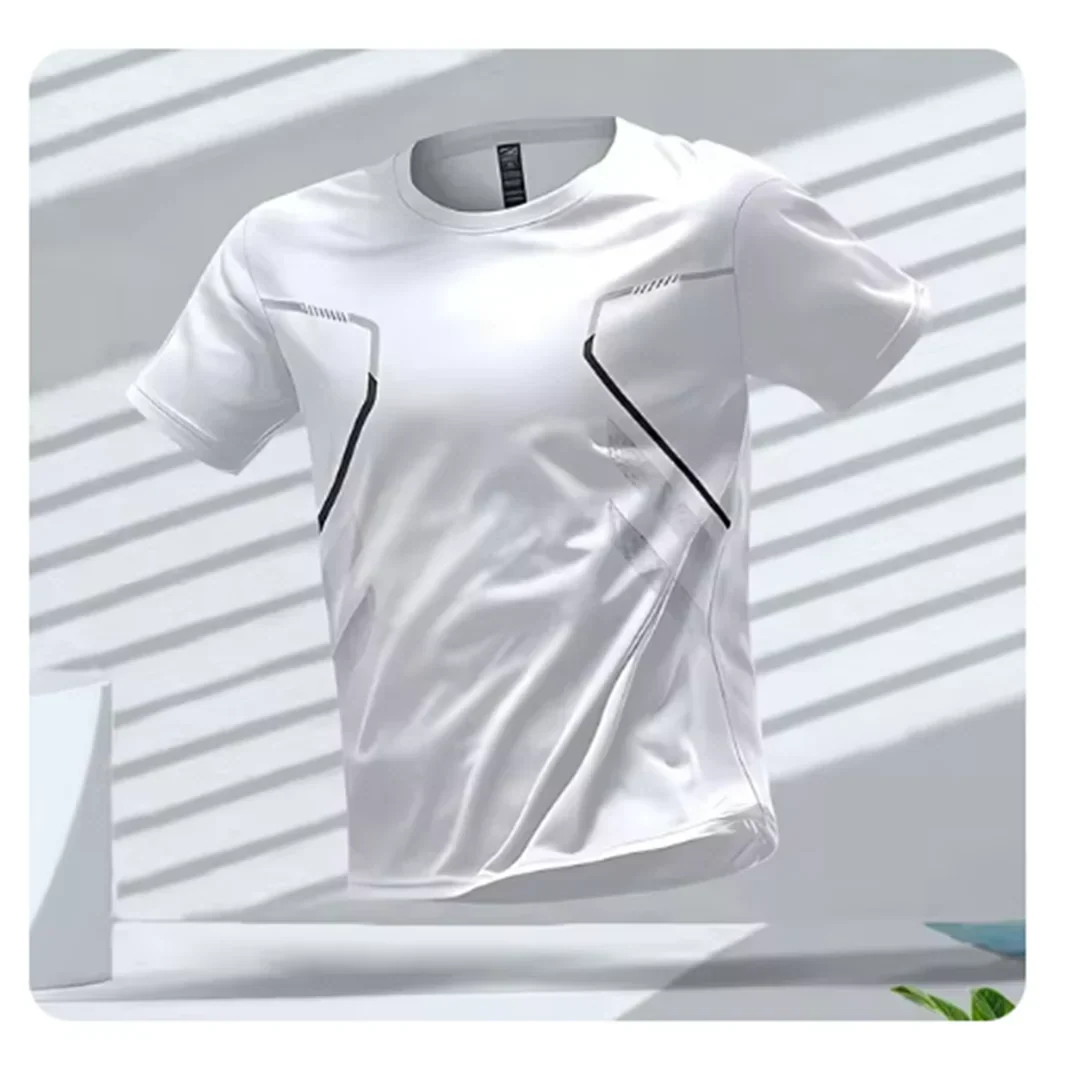 Close-up of men's moisture-wicking performance t-shirt fabric, highlighting breathable gym wear technology.
