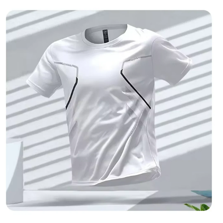 Close-up of men's moisture-wicking performance t-shirt fabric, highlighting breathable gym wear technology.