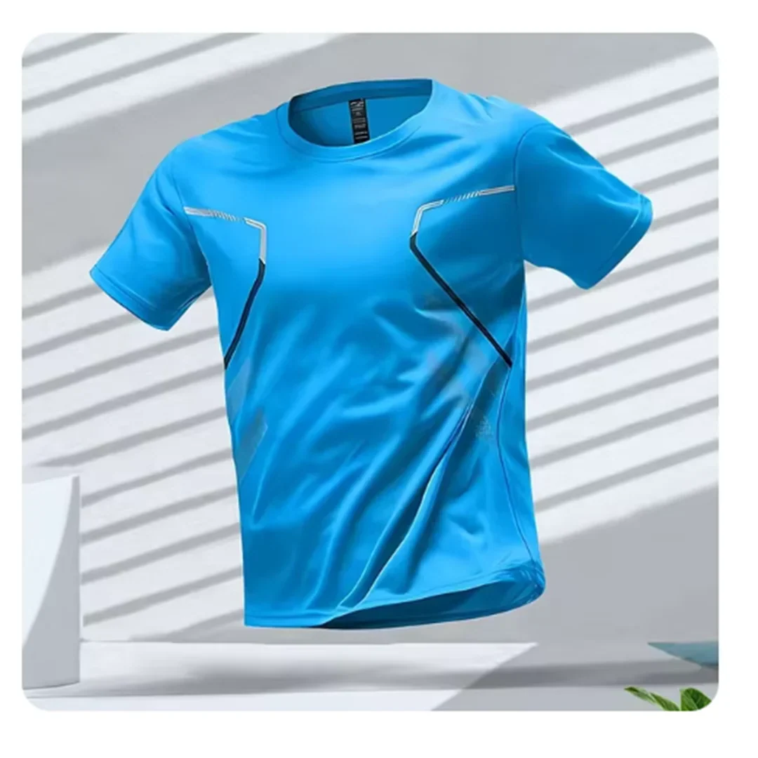 Stylish grey men's short-sleeve athletic top, comfort fit, essential workout gear for all sports activities.