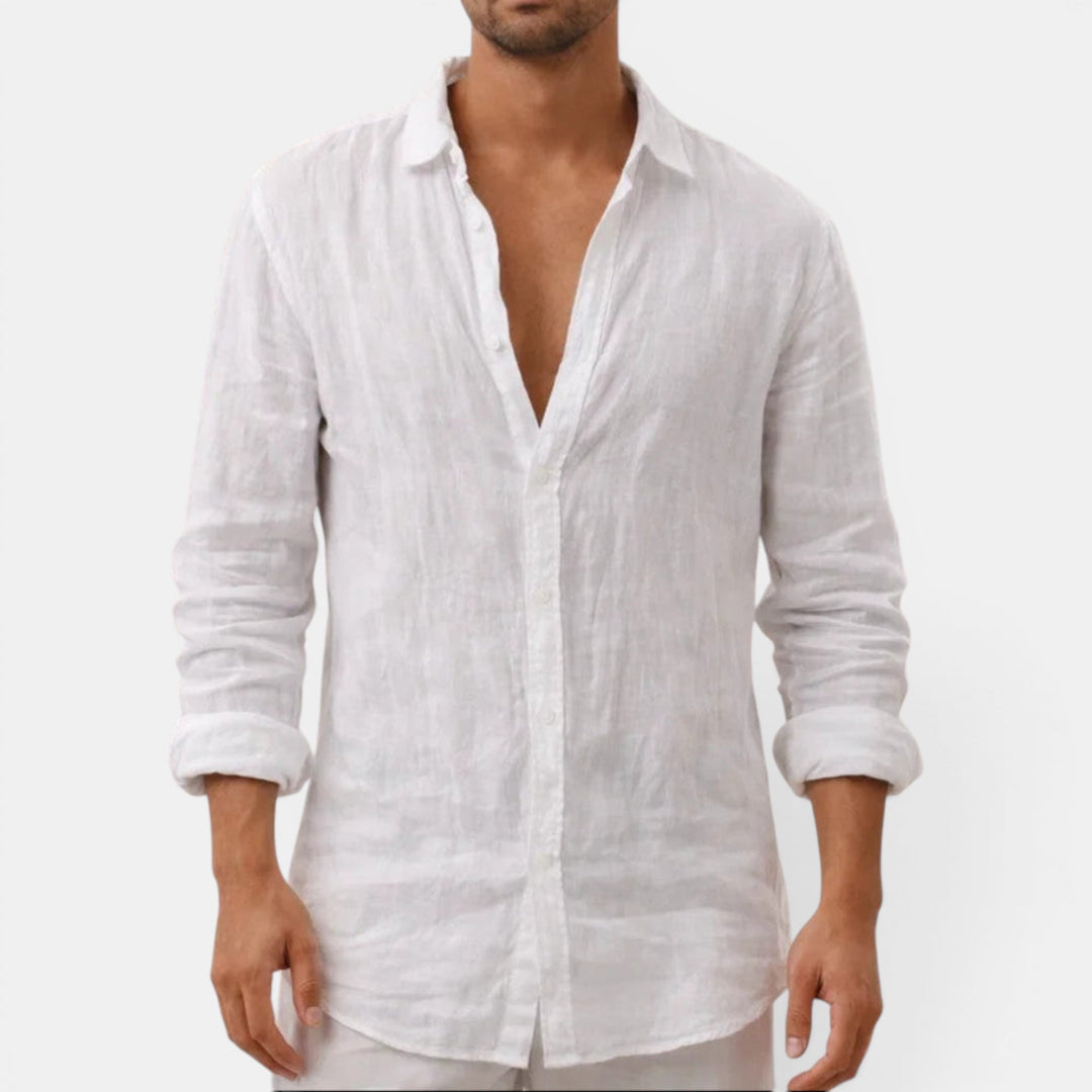 Classic men's long sleeve button-up shirt, sophisticated and timeless style for warm weather.