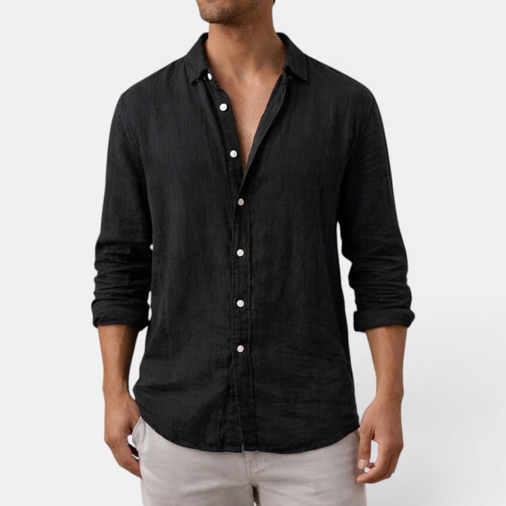 White long sleeve men's shirt, a relaxed fit button-up perfect for summer casual wear.