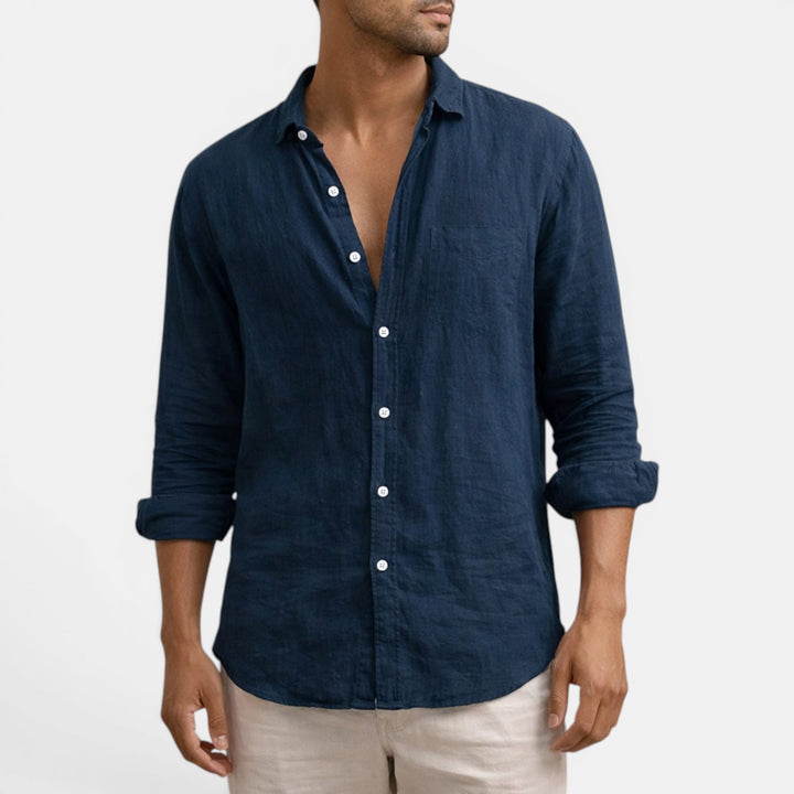 Black men's button-up long sleeve shirt, offering a timeless and sophisticated casual look.