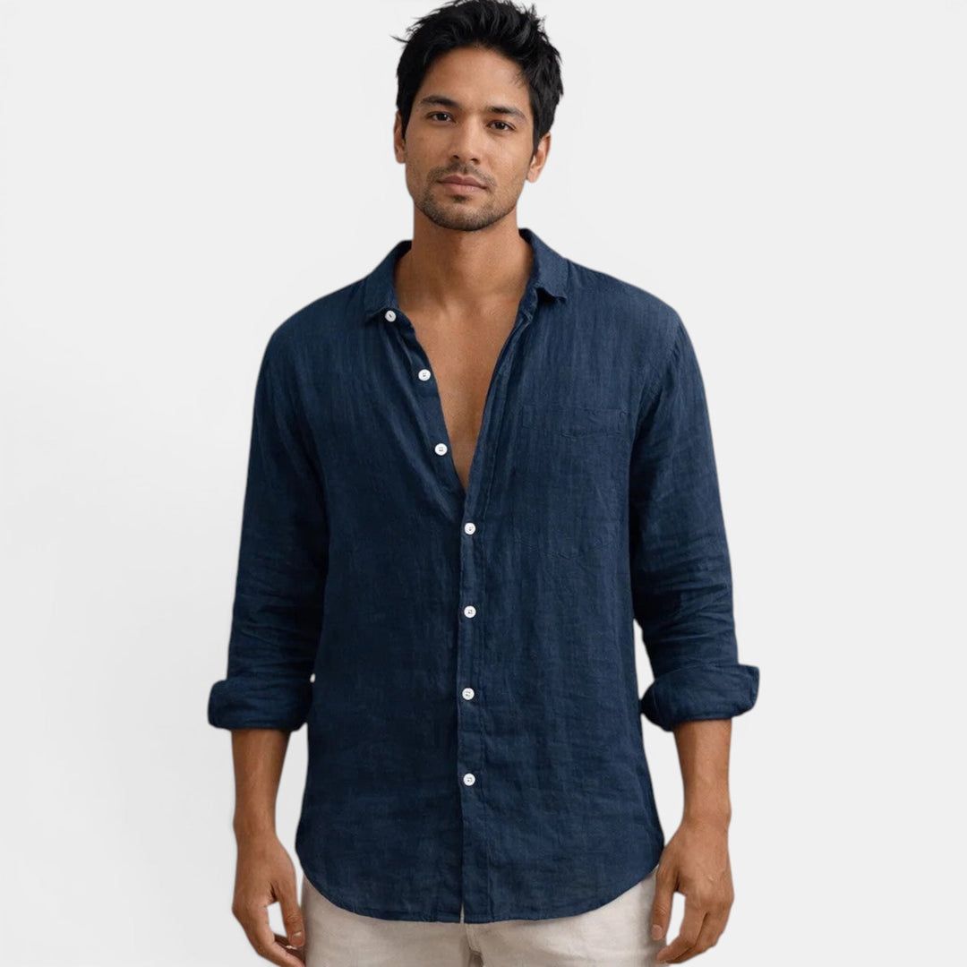 Khaki men's casual button-up, breathable fabric ensures comfort for summer and warm weather outfits.