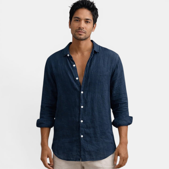 Khaki men's casual button-up, breathable fabric ensures comfort for summer and warm weather outfits.