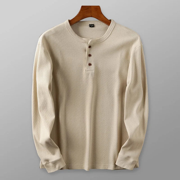 Men's breathable grey waffle henley shirt, perfect for smart casual everyday wear.