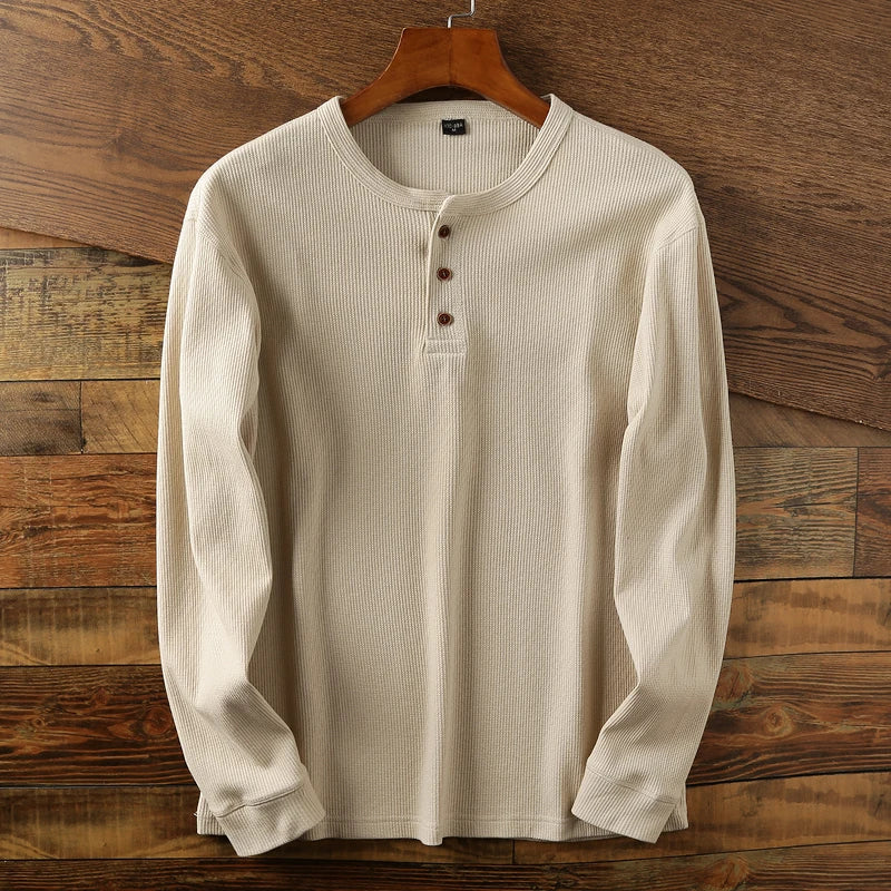 Everyday men's long sleeve waffle henley, providing comfort and smart casual style.