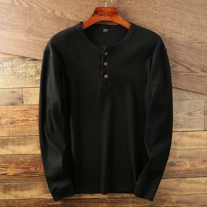 Men's minimalist waffle henley shirt, a comfortable and breathable casual fashion choice.