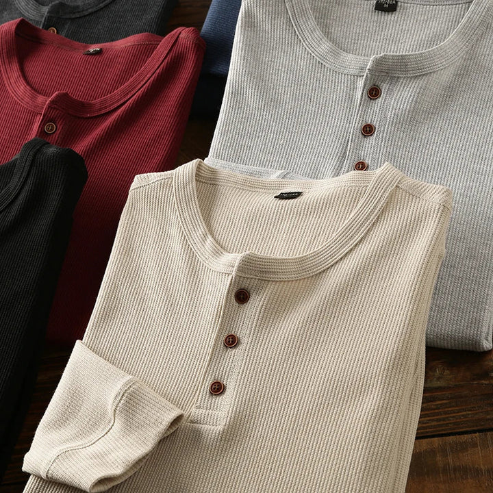 Smart casual men's waffle henley top, long sleeve and breathable for all-day comfort.