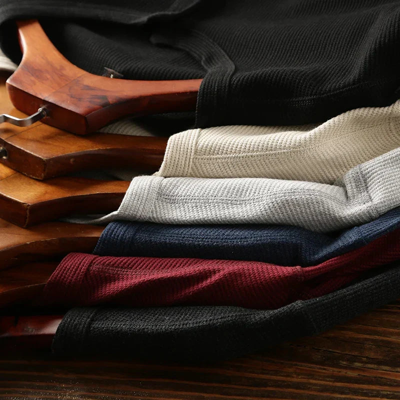 Versatile men's fashion: waffle henley shirt, comfortable, breathable, and smart.