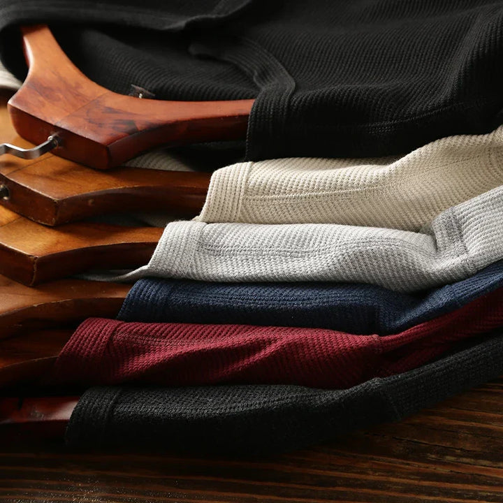 Versatile men's fashion: waffle henley shirt, comfortable, breathable, and smart.