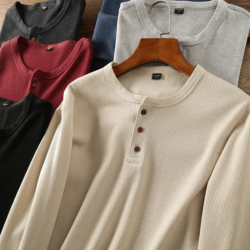 Versatile men's smart casual waffle henley shirt, a breathable and cozy top.