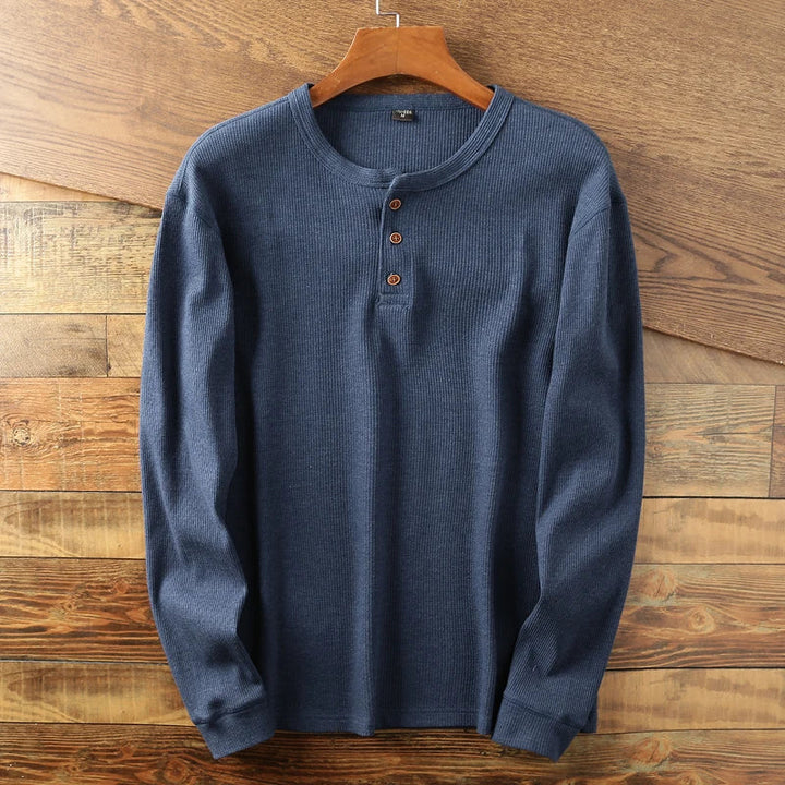 Classic men's waffle henley, smart casual top in a breathable long sleeve design.