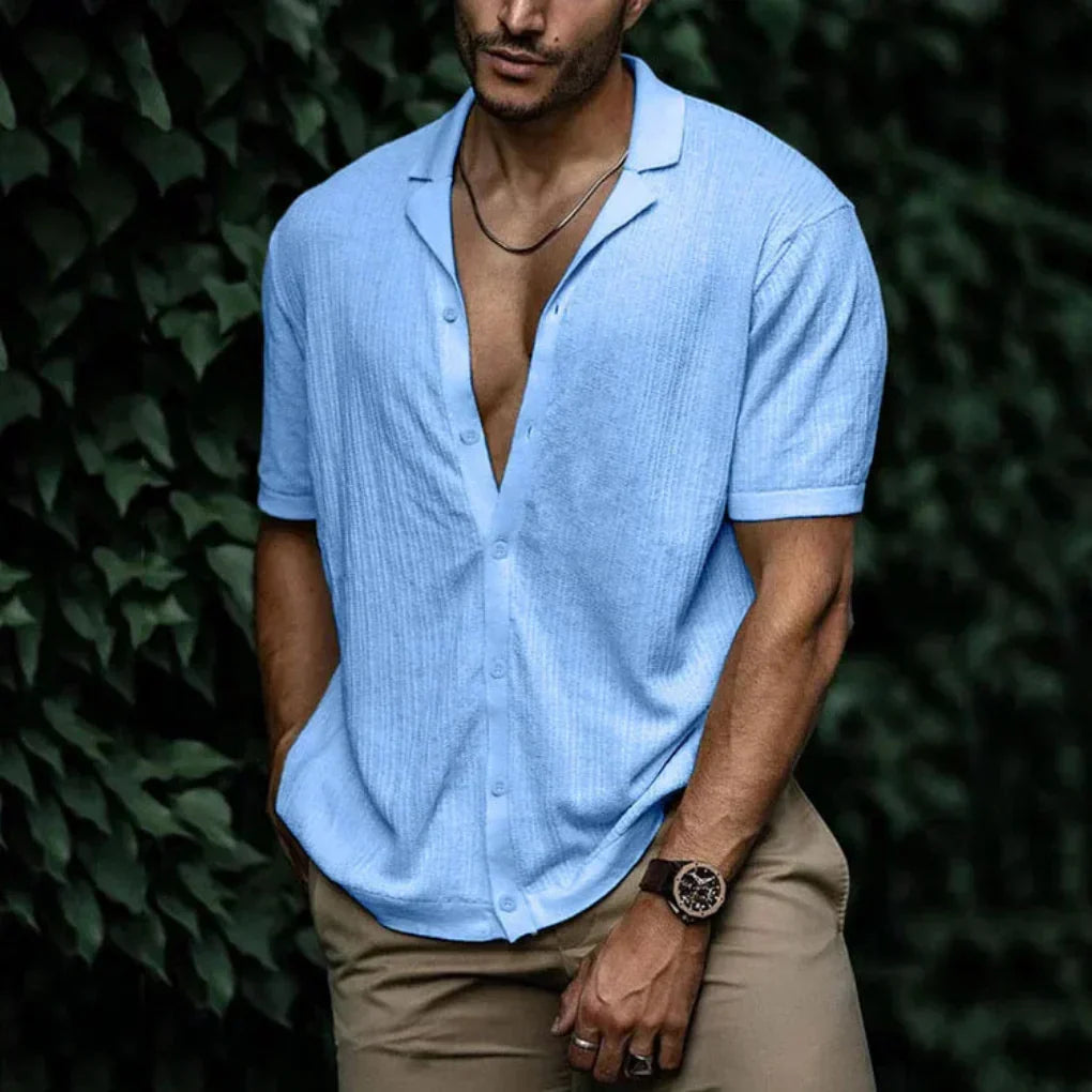 Men's breathable linen button-up shirt for summer comfort.