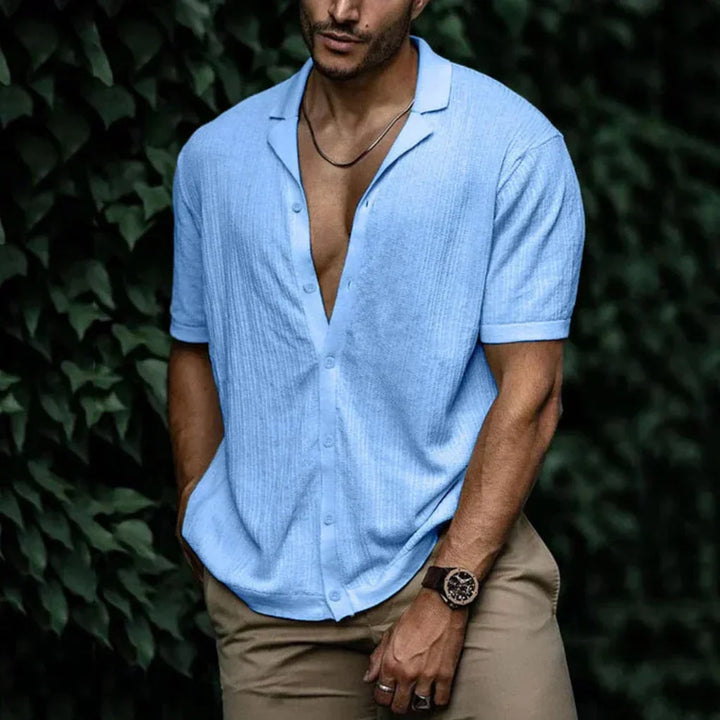 Men's breathable linen button-up shirt for summer comfort.