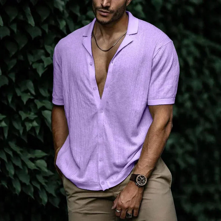 Men's textured knit linen shirt with button closure, a breathable summer essential.