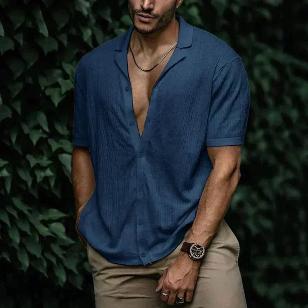 Men's short-sleeve button-up linen shirt, lightweight and breathable for summer fashion.