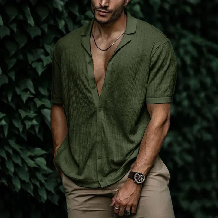 Men's lightweight short-sleeve linen button-up shirt with textured knit for summer comfort.