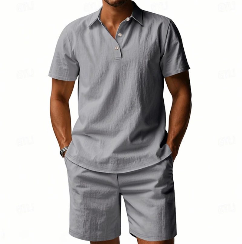 Stylish men's linen polo shirt & matching shorts set. Breathable summer casual comfort.