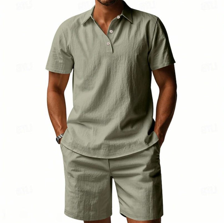 Casual men's linen shorts & short-sleeved polo shirt set. Perfect breathable summer outfit for men.