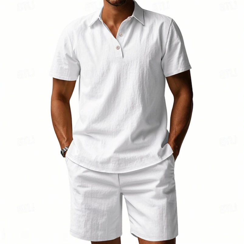 Man wearing a light colored linen polo shirt & shorts set, showcasing summer style and comfort.