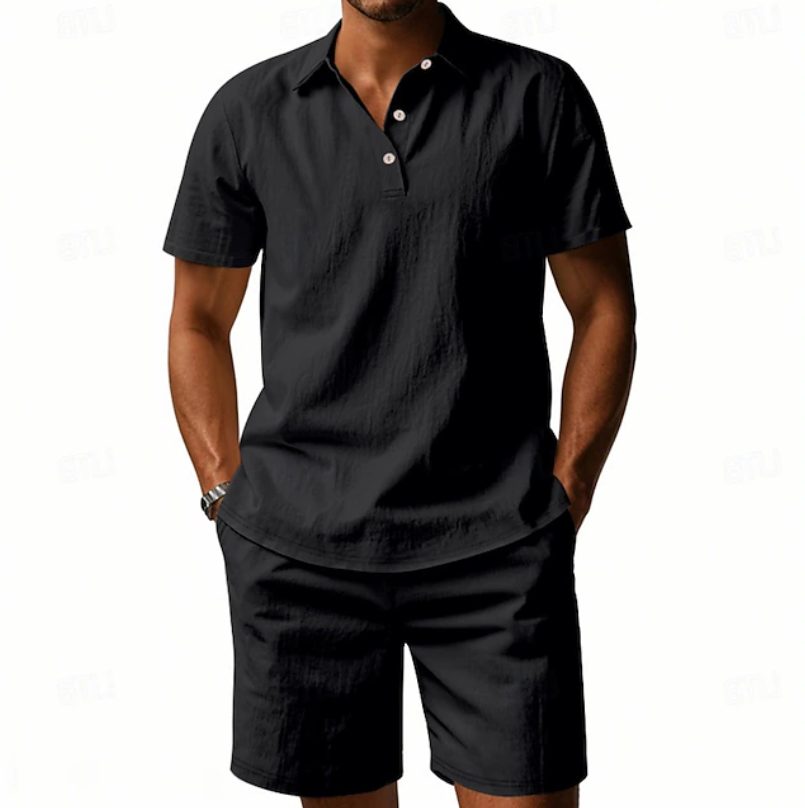 Close-up of the breathable linen fabric of a men's polo shirt & shorts set, ideal for summer wear.