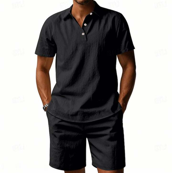 Close-up of the breathable linen fabric of a men's polo shirt & shorts set, ideal for summer wear.