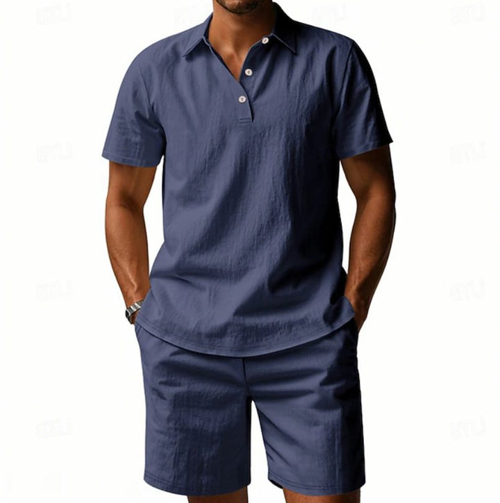 Versatile men's white linen polo shirt & shorts set, offering ultimate summer breathability and casual comfort.