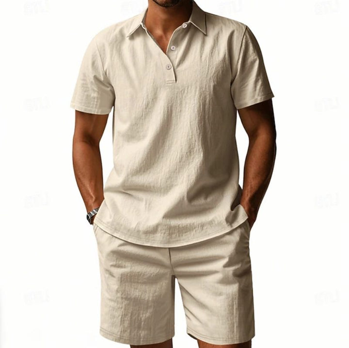 Complete men's linen casual outfit: short sleeve polo shirt & comfortable shorts for summer relaxation.