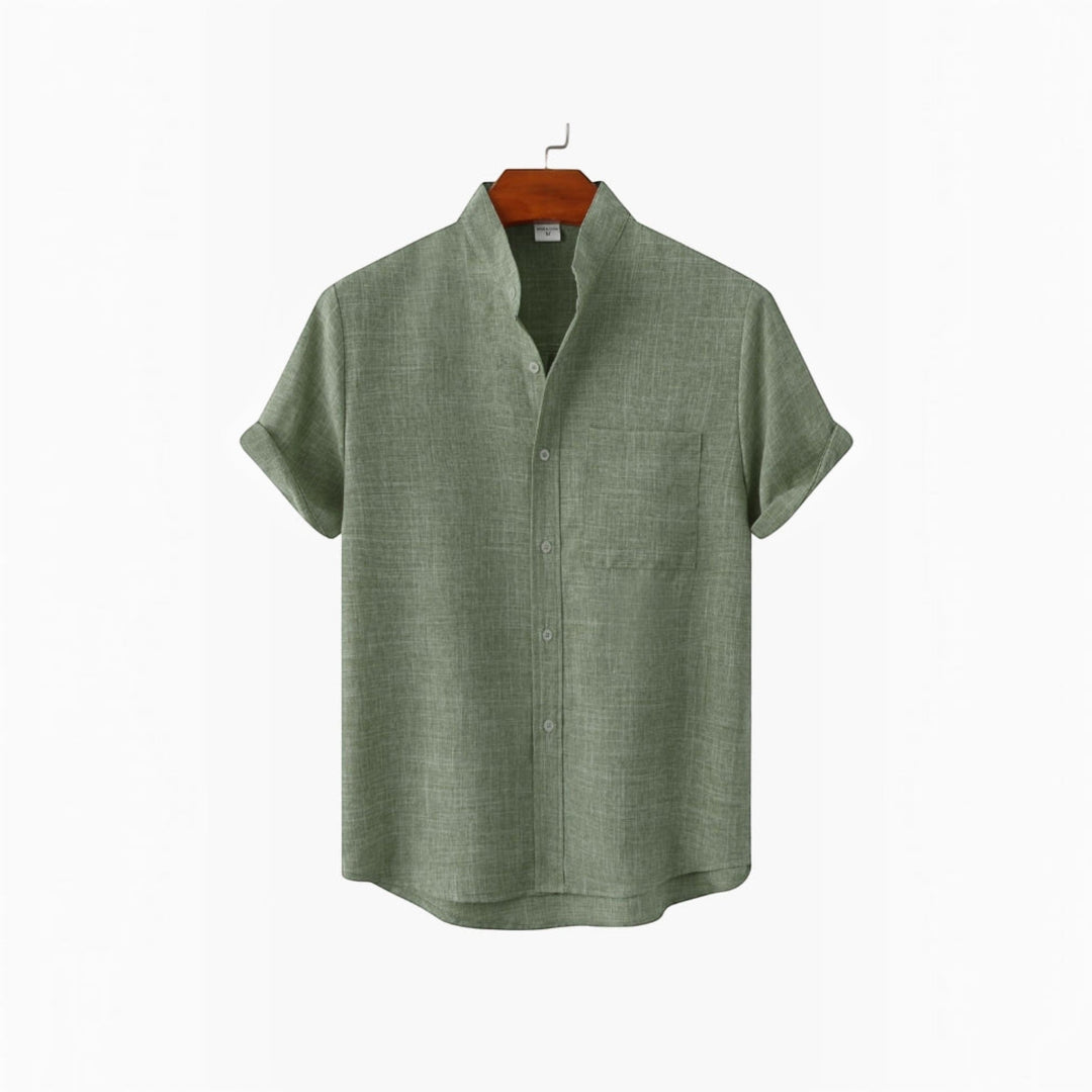 Men's breathable mandarin collar vacation shirt for summer travel.