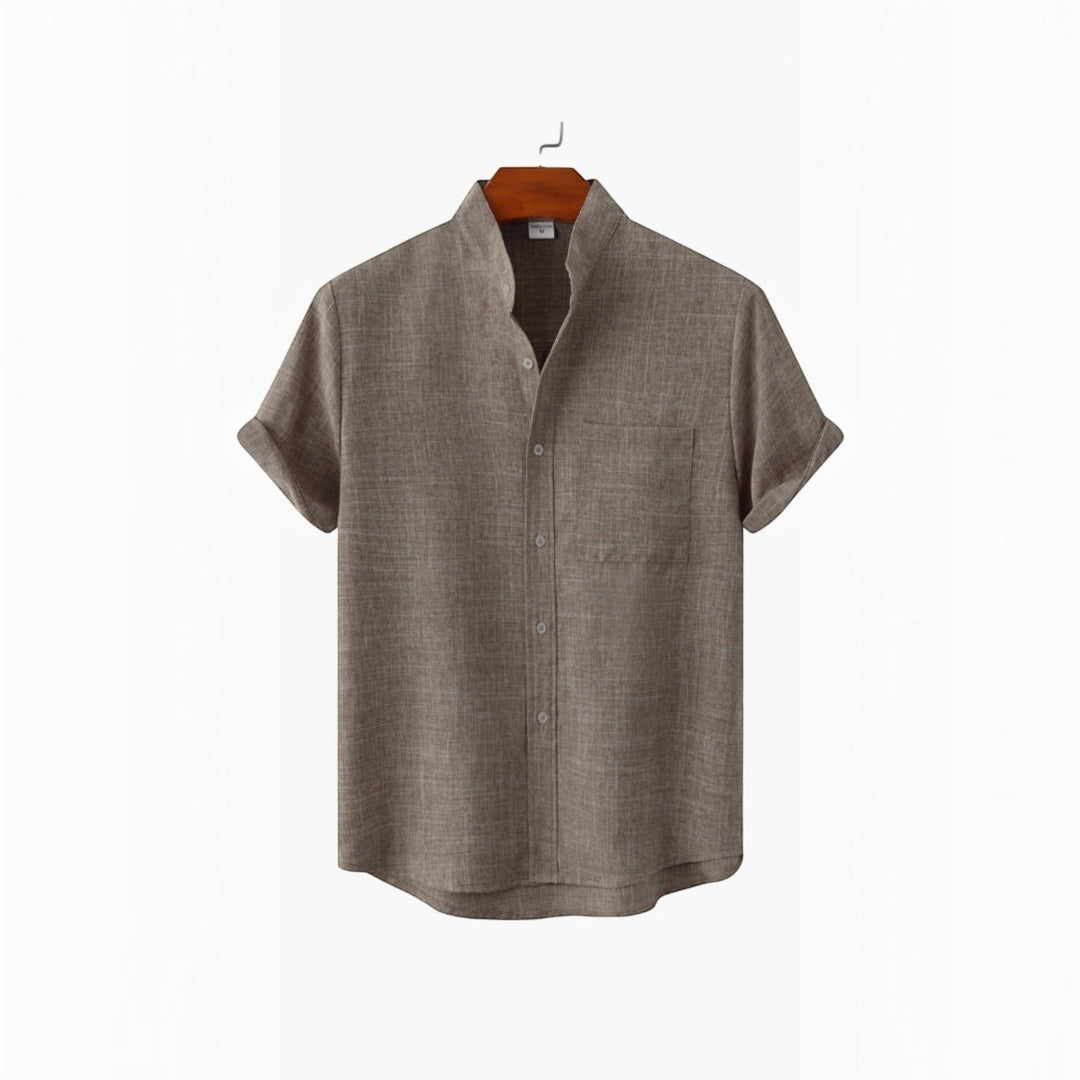 Mandarin collar men's shirt, perfect for a relaxed summer vacation.