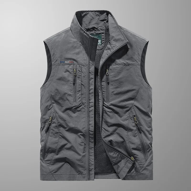 Durable men's fishing vest or hiking vest with breathable mesh and ample cargo pockets for gear.