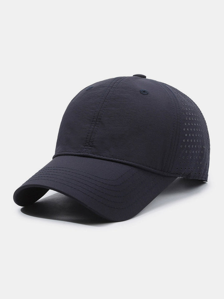 Lightweight men's quick-dry sport cap for outdoor activities; features breathable fabric and adjustable strap.