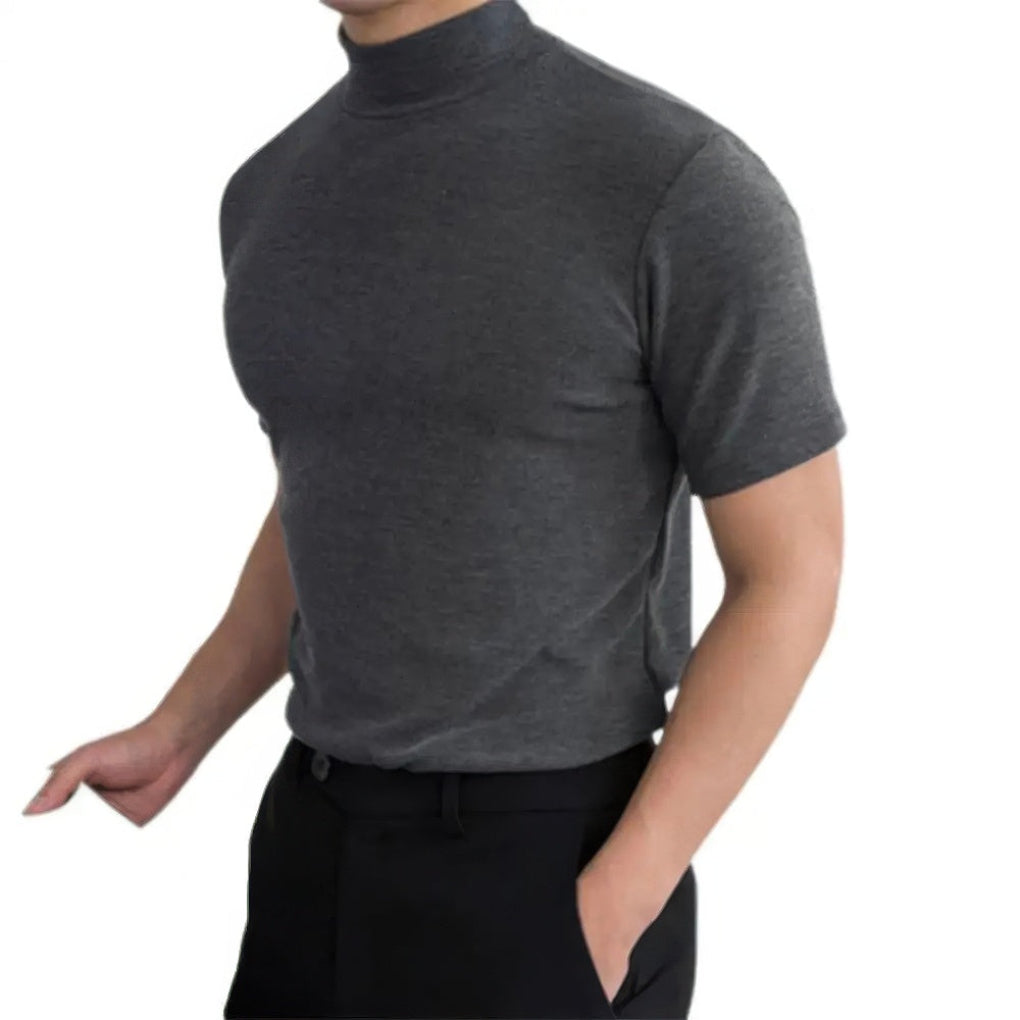 Modern men's short-sleeve turtleneck top. Breathable pull-on shirt for stylish daily and summer menswear.