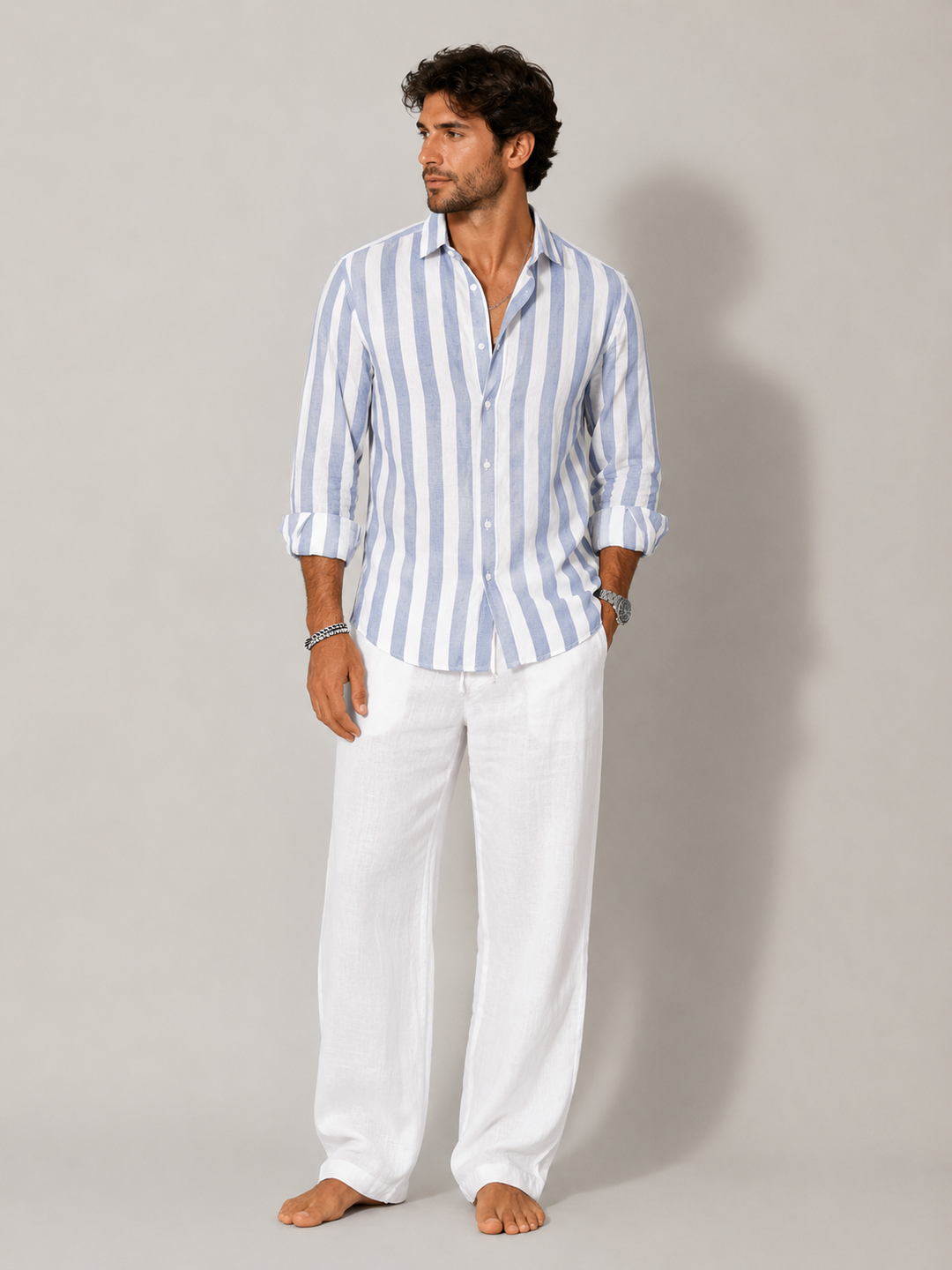 Men's breathable striped button-up summer shirt, ideal for casual beach & resort wear.