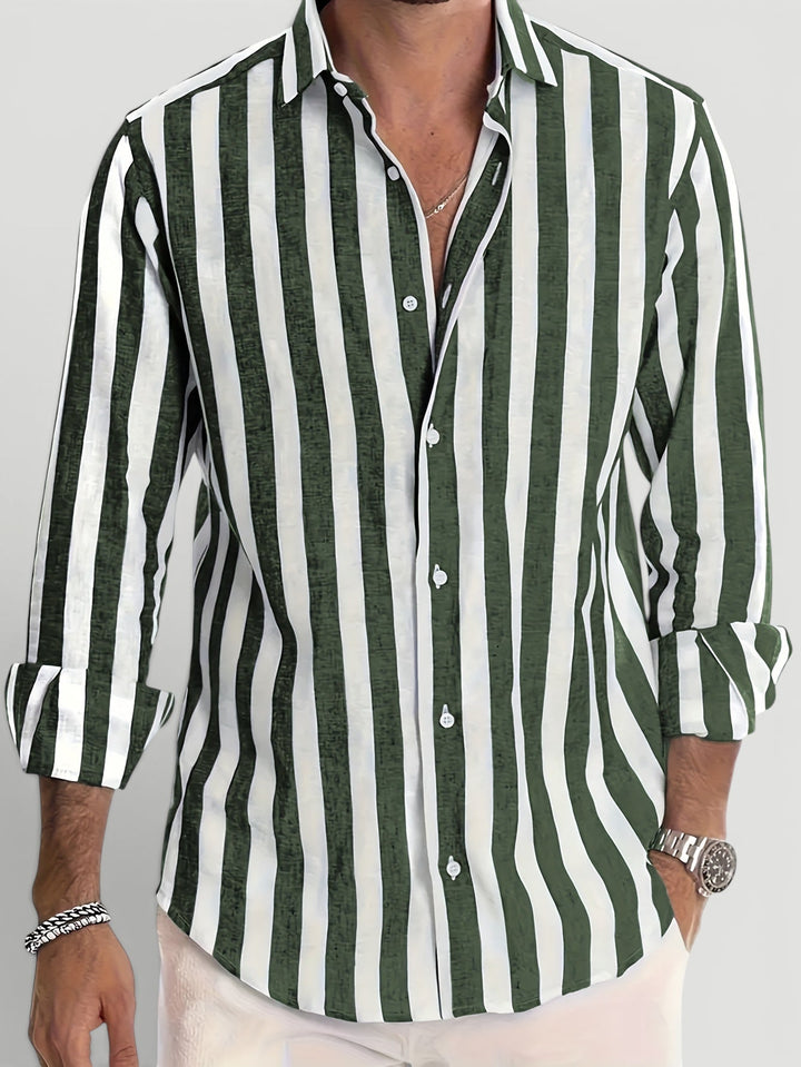 Men's striped button-up summer shirt. Breathable, long sleeve, versatile for resort & casual men's fashion.