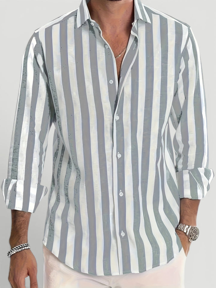 Men's breathable striped long sleeve button-up shirt. Classic style, perfect for summer casual & resort fashion.