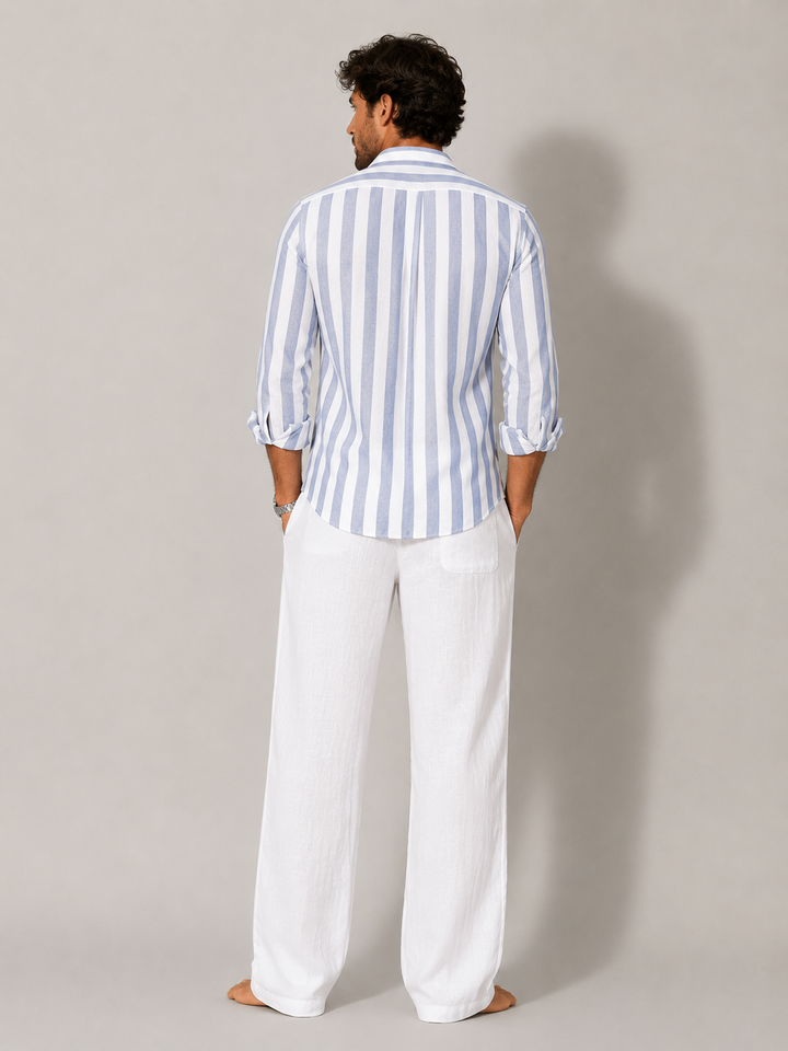 Classic men's striped long sleeve shirt. Breathable fabric, elegant button-up for summer fashion.