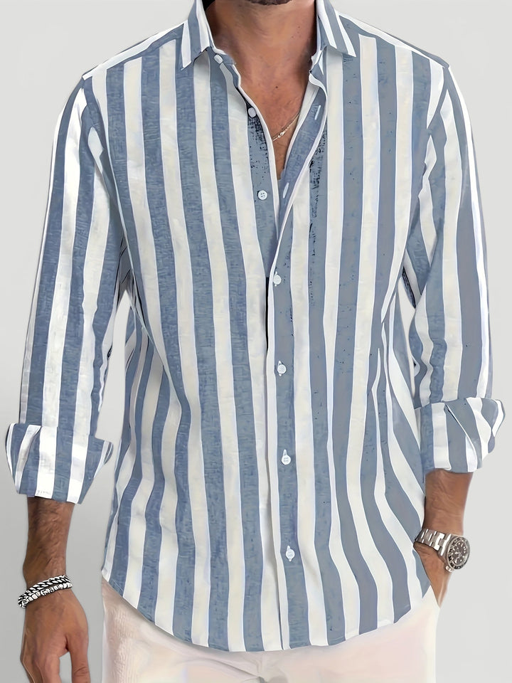 Versatile men's striped button-up shirt. Perfect for summer, beach, or casual wear with classic style.