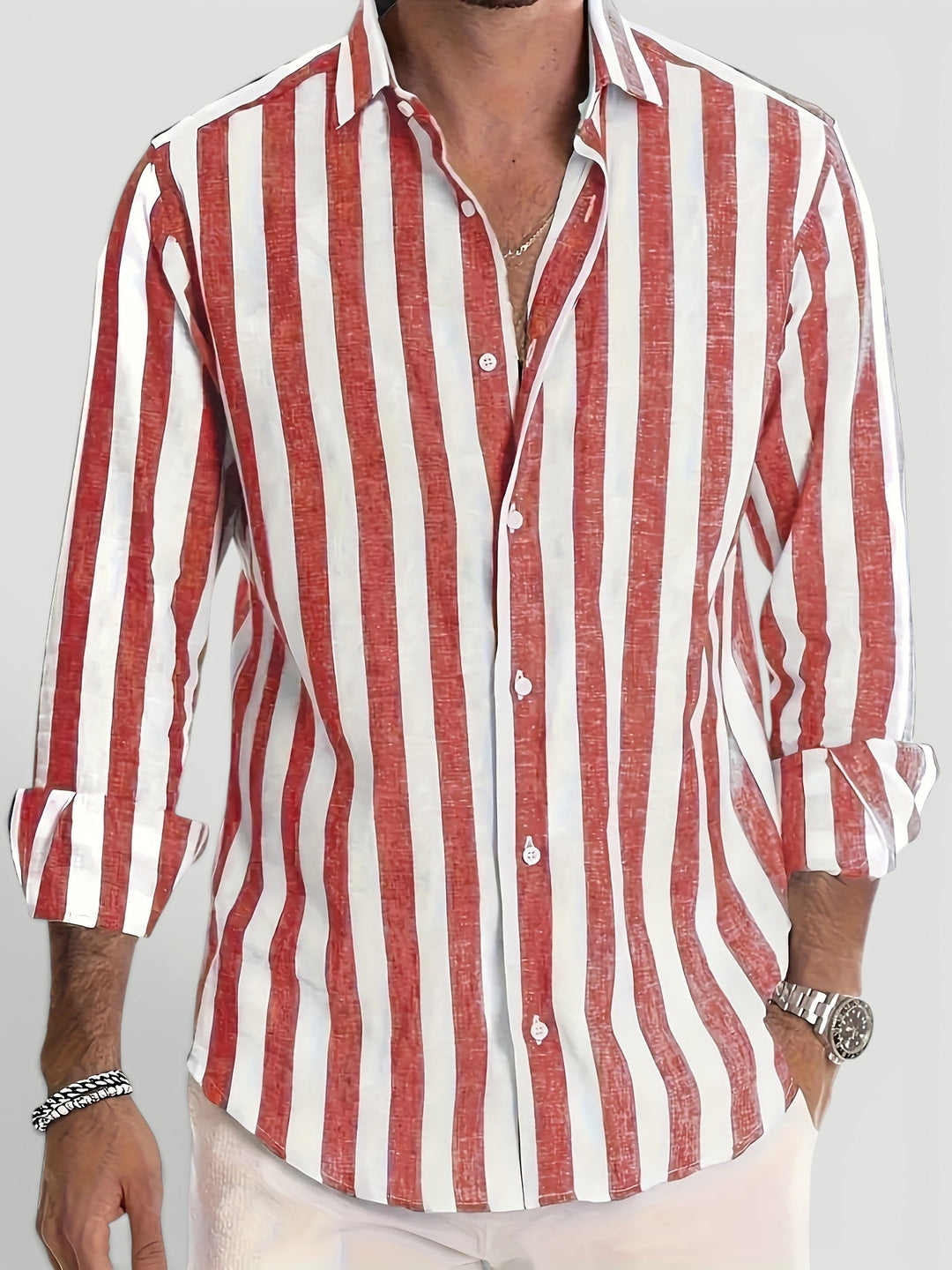Lightweight, breathable men's striped shirt. Button-up design for comfortable summer & resort fashion.